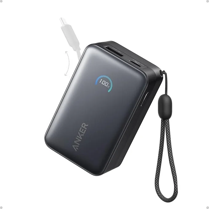 Anker Nano Power Bank with built-in retractable USB-C cable next to a smartphone